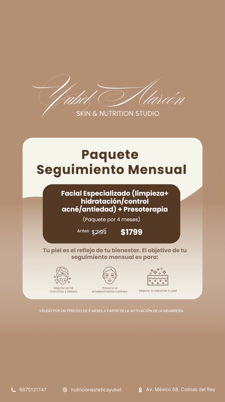 Paquete Seguimiento Mensual: Facial Especializado + Presoterapia, 4 meses por $1,799 MXN
